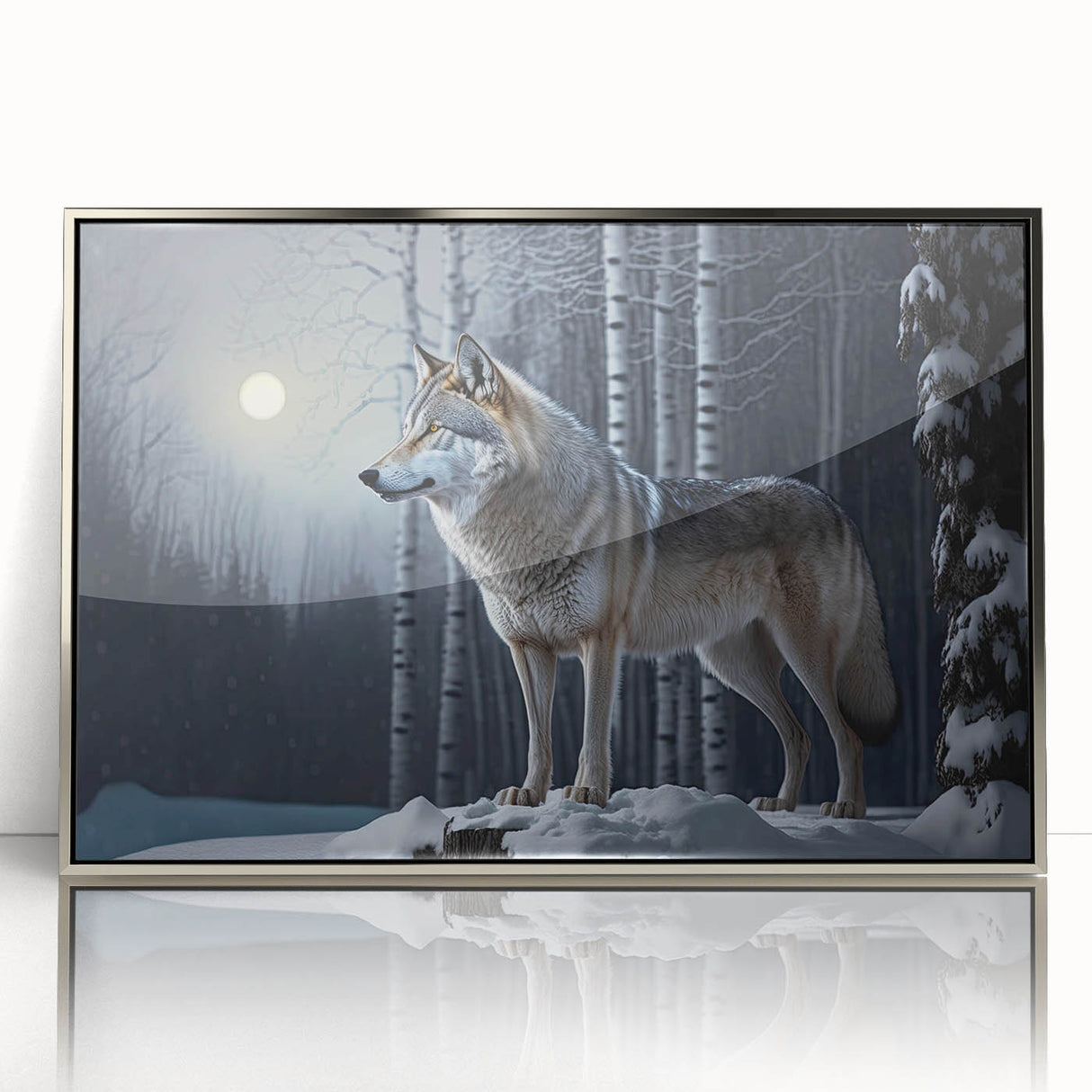Framed acrylic wall art showcasing a striking silver wolf design, featuring realistic details and vibrant colors, perfect for animal lovers and home decor enthusiasts.
