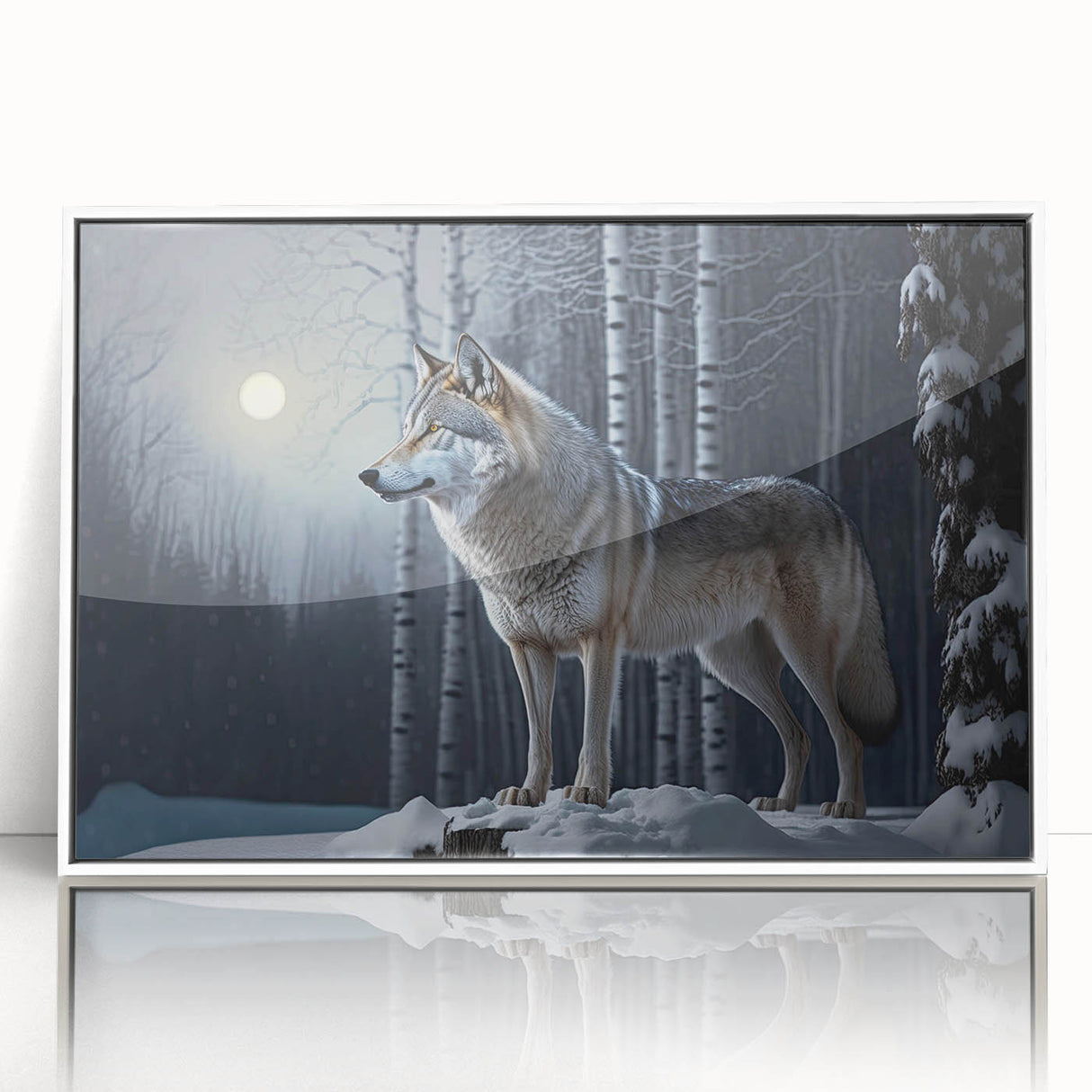 Framed wall art featuring a striking wolf design in a white acrylic frame, showcasing intricate details and vibrant colors, perfect for wildlife enthusiasts and home decor.
