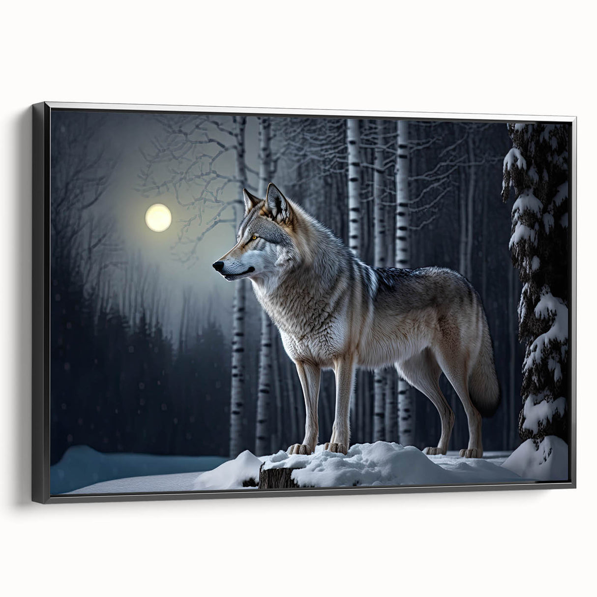 Framed canvas wall art featuring a striking wolf design, showcasing intricate details and a black frame, ideal for enhancing modern home decor.