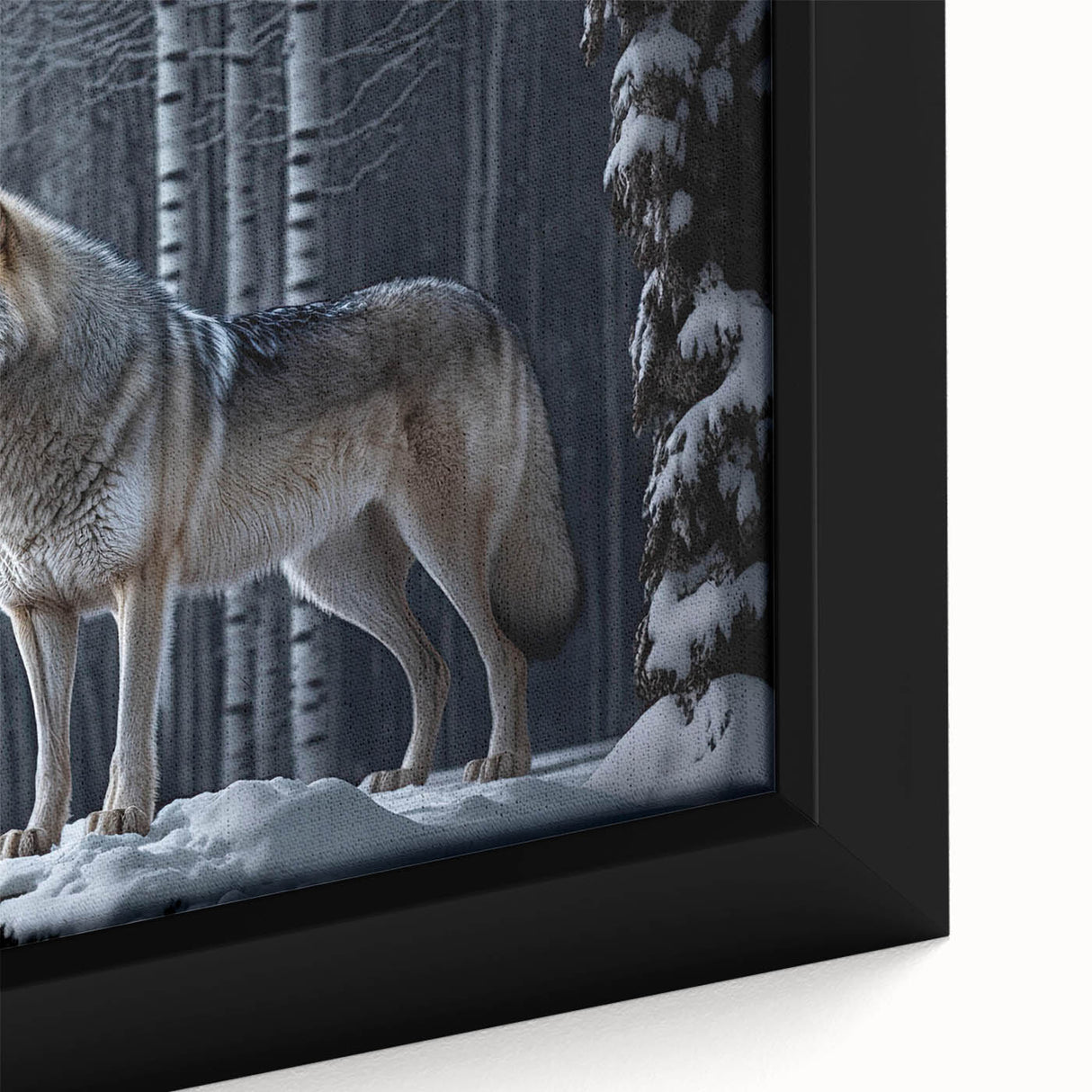 Close-up of a framed canvas wall art featuring a beautifully detailed wolf design, showcasing realistic fur textures and vibrant colors, perfect for wildlife enthusiasts.