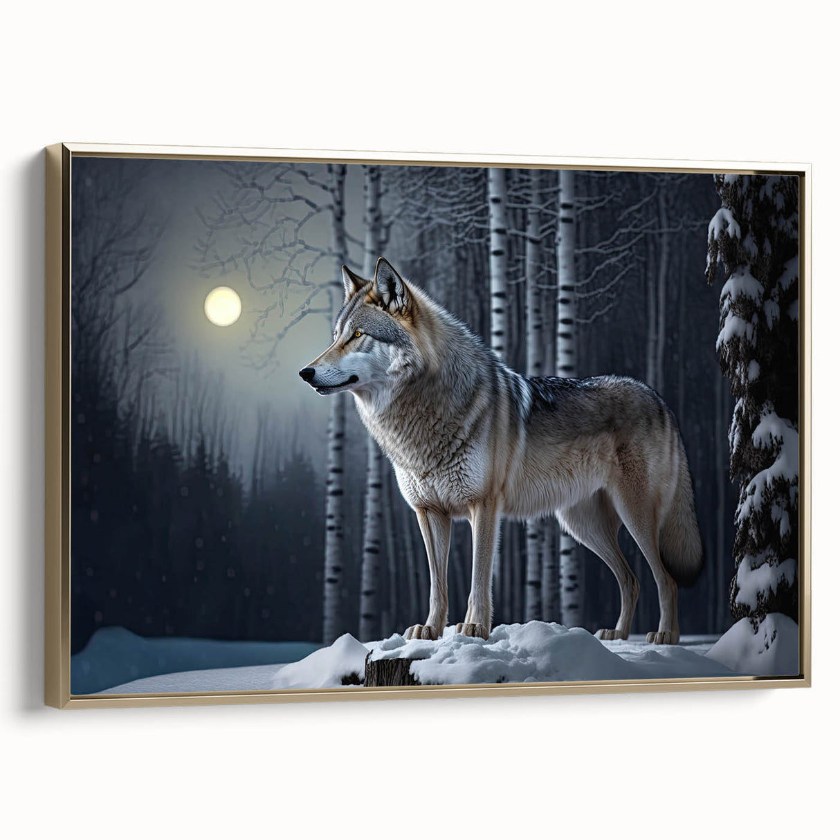 Framed wall art showcasing a striking wolf design in a gold frame, perfect for wildlife enthusiasts. This canvas adds elegance and nature-inspired decor to any space.