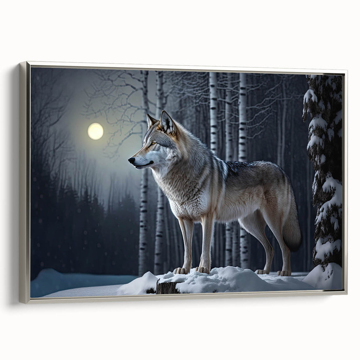 Framed canvas wall art showcasing a detailed silver wolf design, highlighted against a textured background, perfect for nature-themed decor in modern interiors.