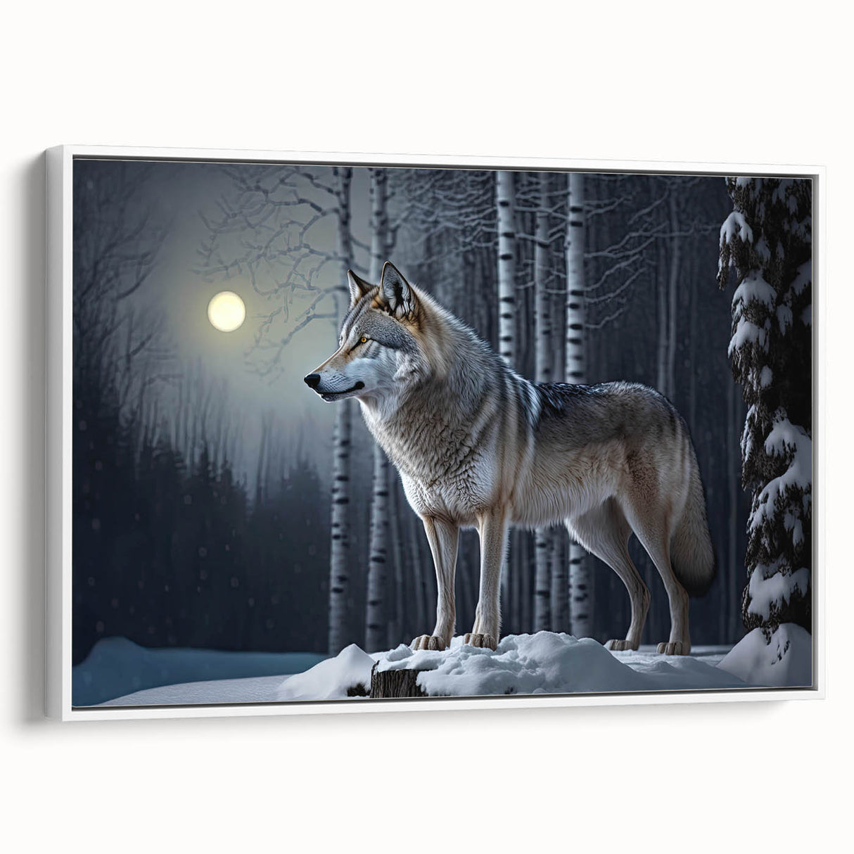 Framed wall art featuring a striking wolf design on a white canvas, showcasing detailed textures and vibrant colors, perfect for nature lovers' home decor.
