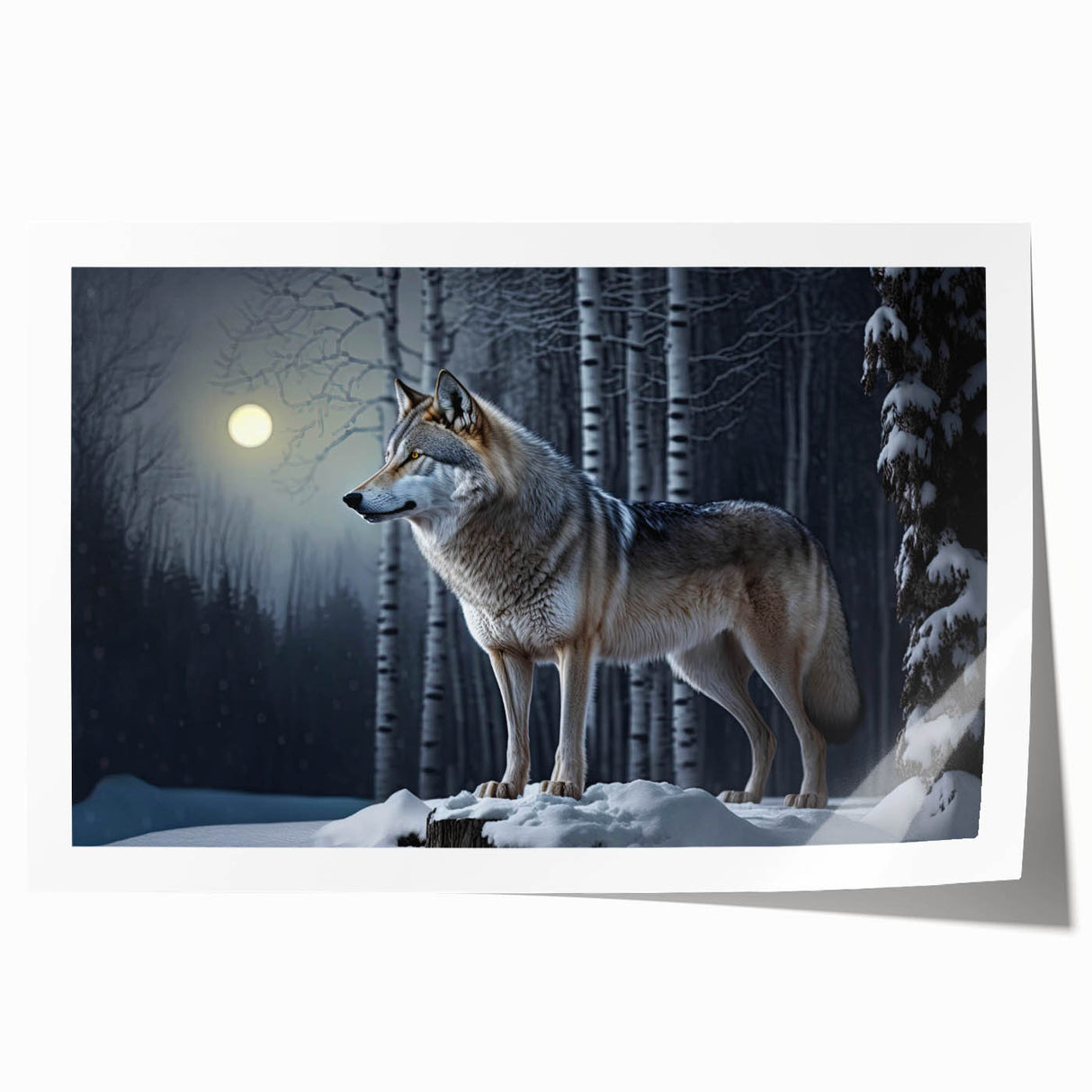 Wolf-themed wall art print showcasing a striking design of a majestic wolf surrounded by nature, perfect for wildlife enthusiasts and home decor lovers. This rolled print adds an artistic touch to any space, highlighting the beauty of the wild.