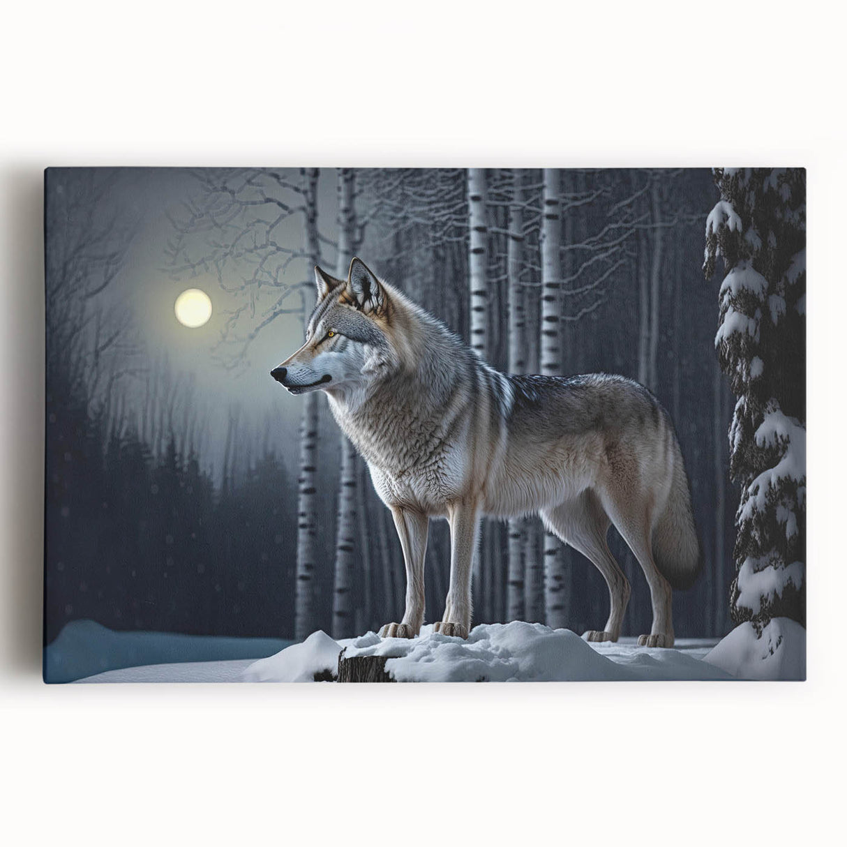 Stretched canvas wall art featuring a striking wolf design in a natural setting, showcasing intricate details and vibrant colors, perfect for wildlife enthusiasts.