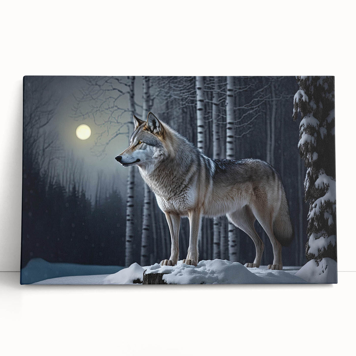 Stretched canvas wall art featuring a captivating wolf design set against a natural backdrop, perfect for wildlife enthusiasts and home decor lovers. This striking piece adds a touch of nature-inspired elegance to any room, showcasing the majestic beauty of wolves in their habitat.