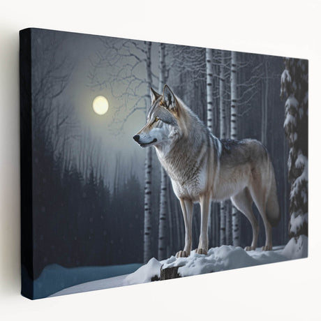 Stretched canvas wall art featuring a striking side view of a wolf design, showcasing intricate details and natural colors, perfect for wildlife enthusiasts and home decor.