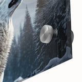Close-up of a striking wolf wall art design featuring vibrant colors and intricate details, printed on acrylic glass, perfect for animal lovers and home decor enthusiasts.
