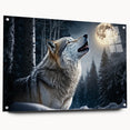 Side view of a striking wall art piece depicting a wolf design on acrylic glass, showcasing intricate details and vibrant colors, perfect for animal lovers and home decor enthusiasts.
