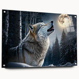 Side view of a striking wall art piece depicting a wolf design on acrylic glass, showcasing intricate details and vibrant colors, perfect for animal lovers and home decor enthusiasts.