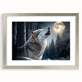 Framed wall art featuring a striking wolf design, showcasing vivid colors and intricate details, with a silver frame and mat, perfect for nature enthusiasts.