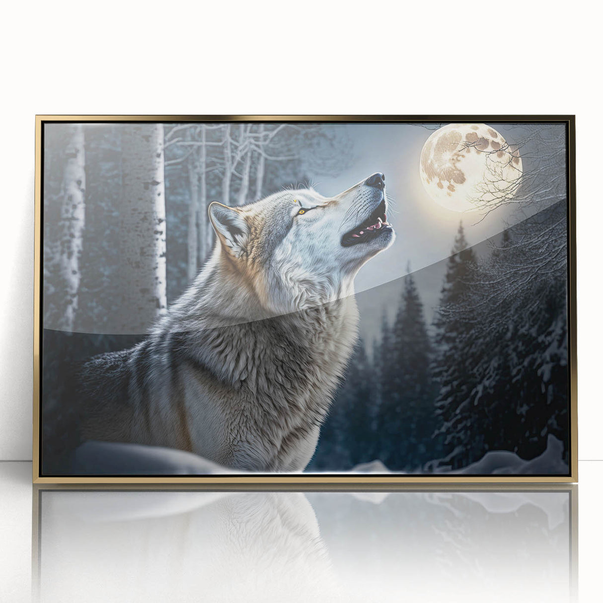 Framed wall art featuring a striking wolf design in a gold-accented acrylic frame, showcasing intricate details and natural colors, ideal for wildlife enthusiasts.