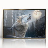 Framed wall art featuring a striking wolf design in a gold-accented acrylic frame, showcasing intricate details and natural colors, ideal for wildlife enthusiasts.