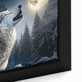 Close-up of a framed canvas wall art piece showcasing a beautifully detailed wolf design in a wild landscape, highlighting the intricate textures and colors, perfect for nature lovers' decor.