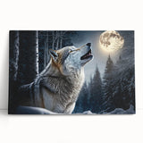 Stretched canvas wall art featuring a striking wolf design in a natural setting, showcasing detailed fur textures and vibrant colors, ideal for wildlife enthusiasts.