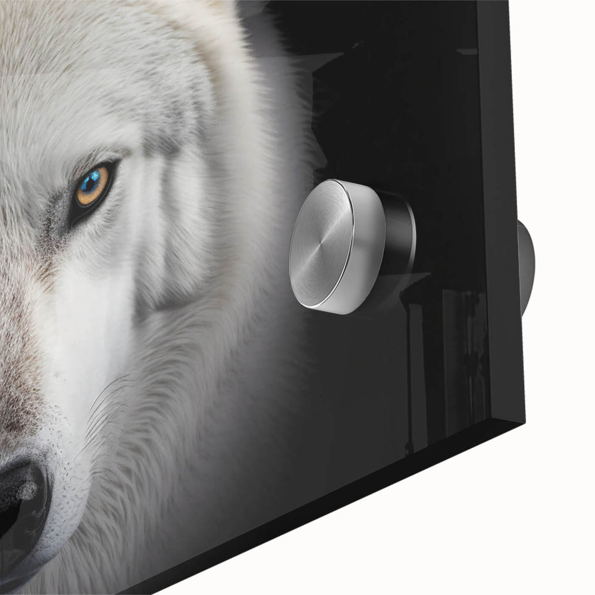 Close-up of a striking acrylic wall art piece featuring a detailed wolf design, showcasing intricate textures and vibrant colors, perfect for wildlife enthusiasts.