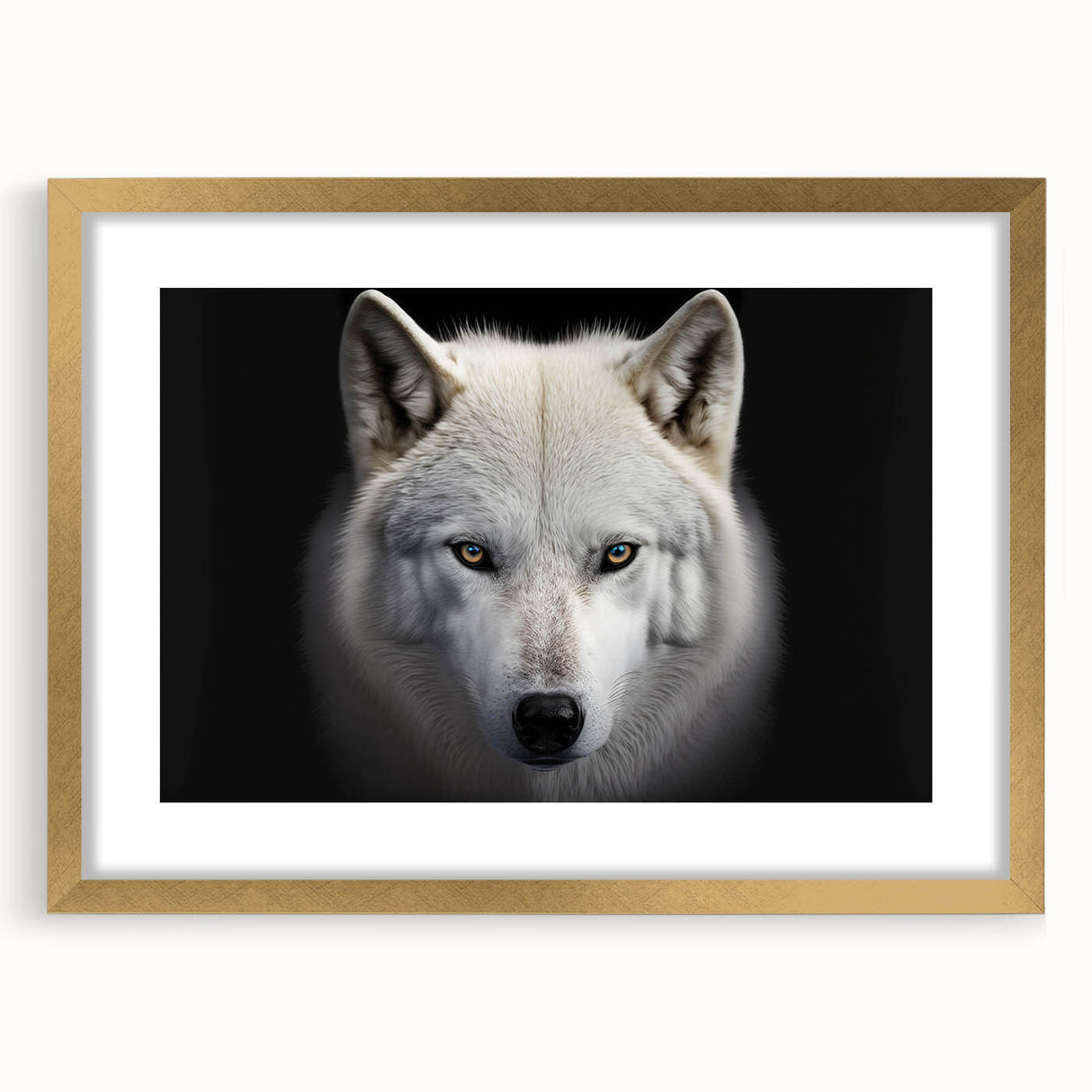 Framed wall art showcasing a stunning wolf design in a gold frame with a mat, perfect for nature enthusiasts and modern decor, enhancing living spaces.