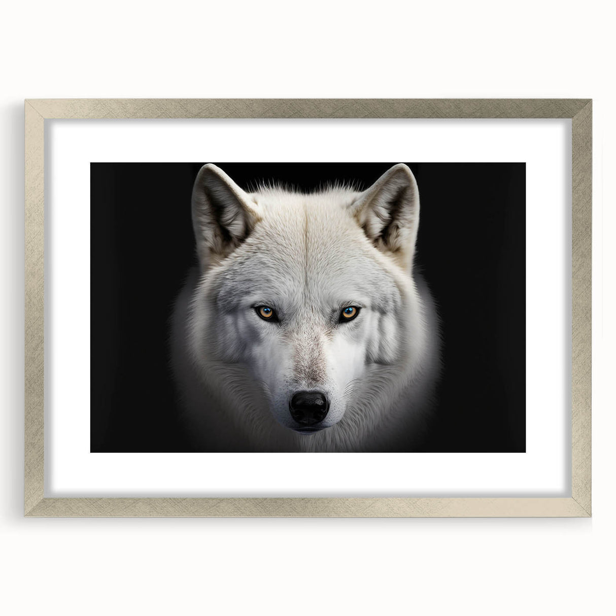 Framed wall art showcasing a stunning wolf design in a silver frame, complete with a mat, perfect for wildlife enthusiasts and modern decor. The artwork captures the essence of nature's beauty, making it an ideal addition to any living space.