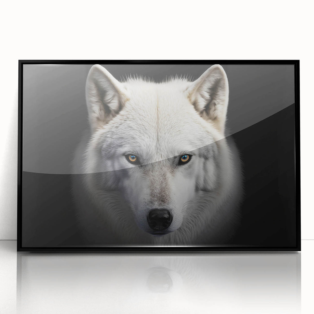 Framed acrylic wall art featuring a striking black and white wolf design, showcasing intricate details and textures. Ideal for wildlife enthusiasts and modern home decor.