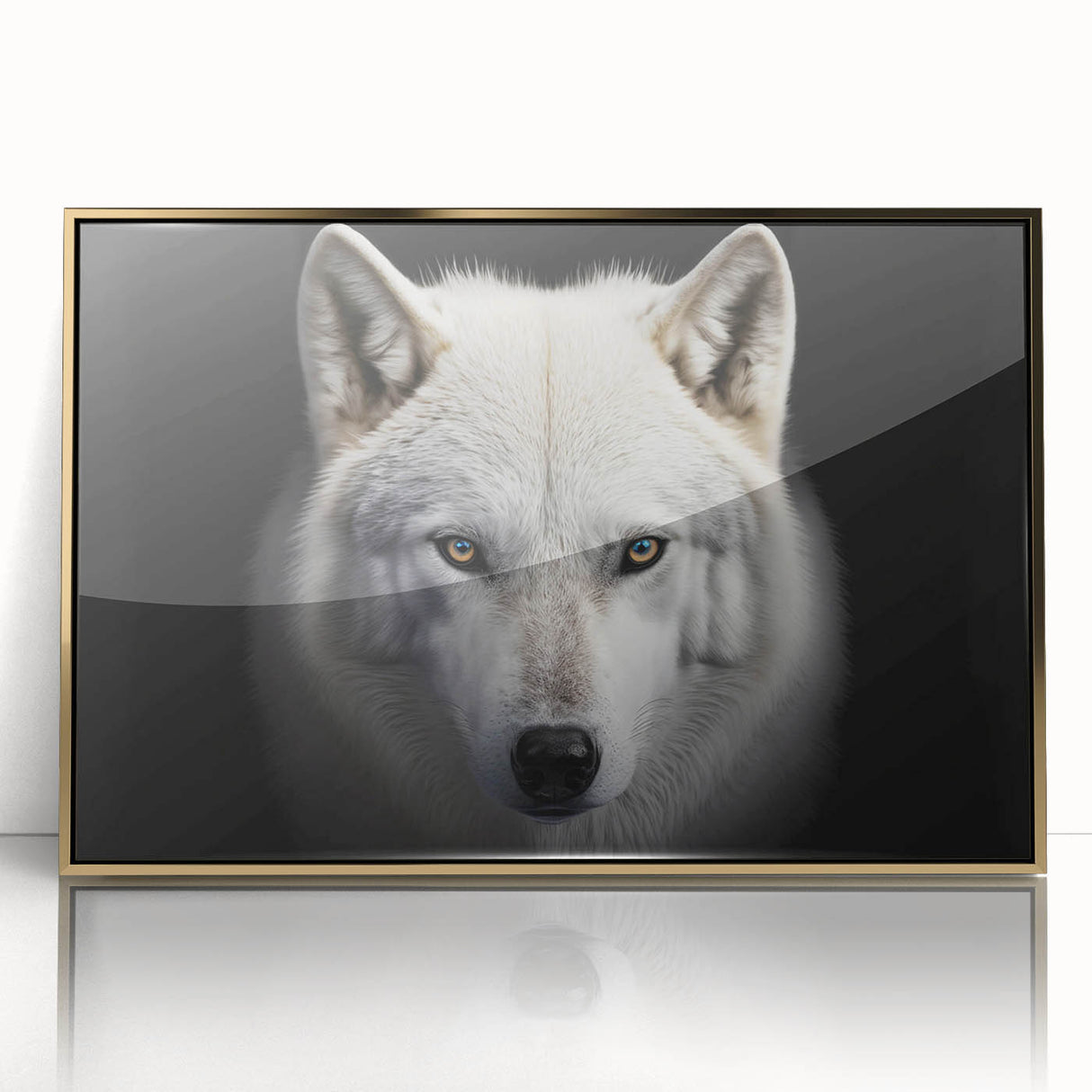 Framed wall art featuring a striking wolf design on acrylic, showcasing vibrant colors and a gold frame, ideal for wildlife enthusiasts and modern decor.
