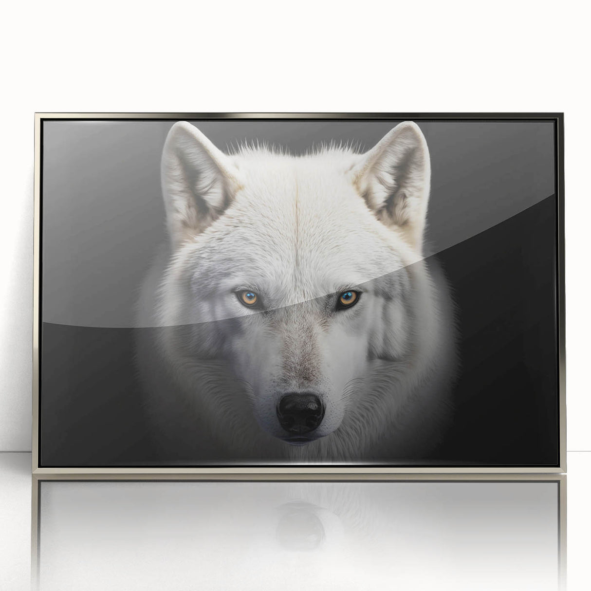 Framed wall art featuring a striking wolf design with a silver acrylic frame, showcasing intricate details that celebrate wildlife and nature. Perfect for animal lovers and home decor enthusiasts.