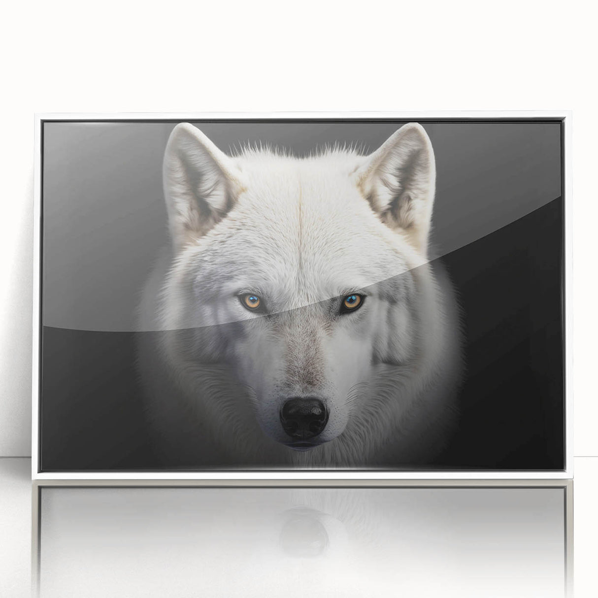 Framed acrylic wall art featuring a striking wolf design from the "Animals of the Wild" collection, showcasing detailed fur textures and a white frame, ideal for wildlife enthusiasts and modern home decor.