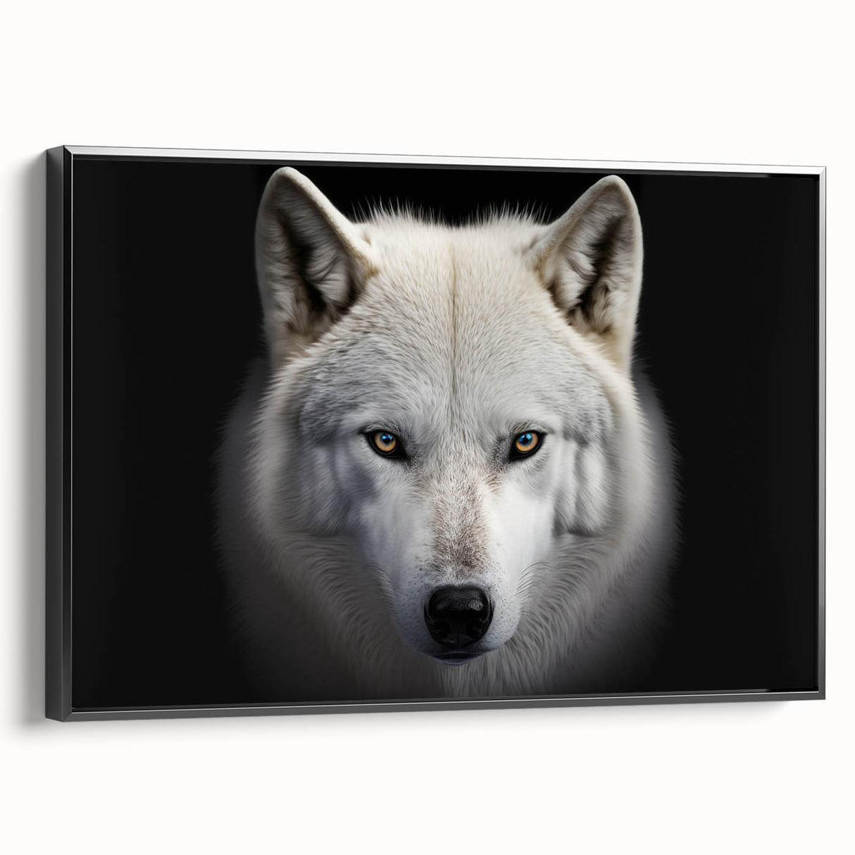 Framed canvas wall art featuring a striking wolf design in a black frame, showcasing detailed fur textures and a dramatic side view, ideal for nature lovers.