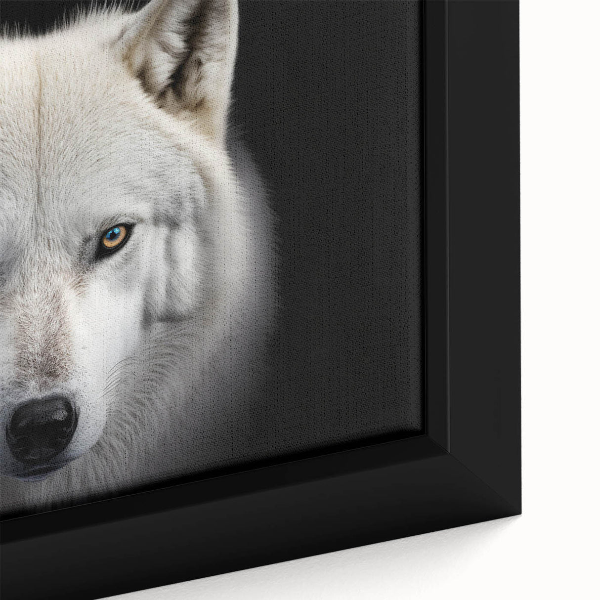 Close-up of a framed canvas wall art featuring a striking wolf design, showcasing intricate details and vibrant colors, perfect for wildlife enthusiasts' decor.