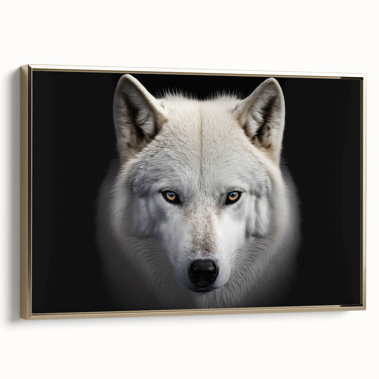 Framed wall art featuring a striking wolf design in a gold frame, showcasing intricate details and textures, perfect for wildlife enthusiasts and modern decor.