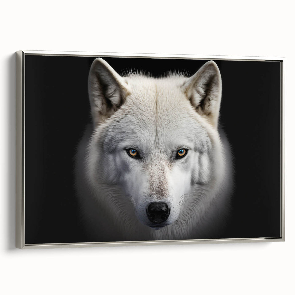 Framed canvas wall art featuring a striking silver side view of a majestic wolf design, showcasing intricate details and vibrant colors that enhance any decor.