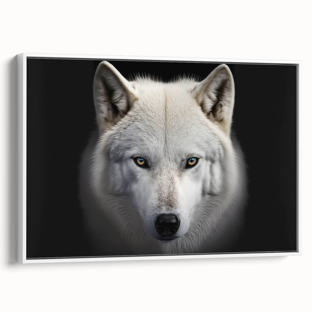 Framed wall art featuring a striking wolf design against a white background, showcasing intricate details and textures, perfect for wildlife enthusiasts and home decor.