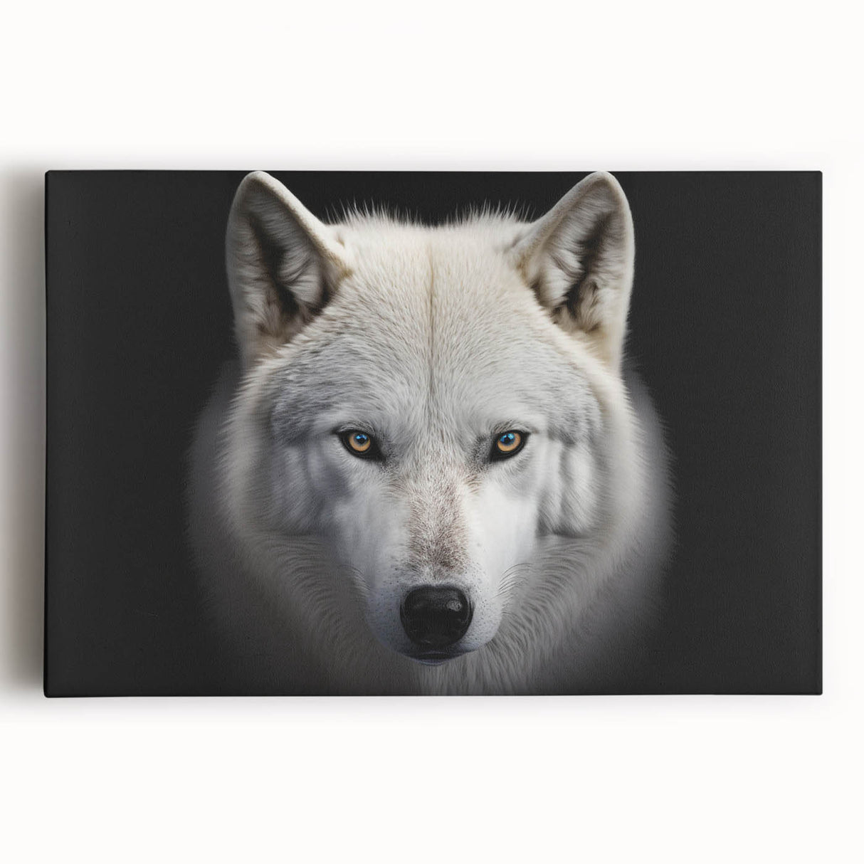 Stretched canvas wall art depicting a majestic wolf in a forest setting, showcasing intricate details and vibrant colors, perfect for wildlife enthusiasts and home decor.