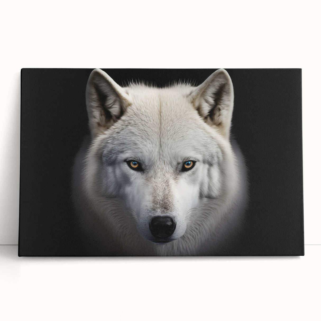 Stretched canvas wall art featuring a striking wolf design, showcasing intricate details and vibrant colors, perfect for animal lovers and home decor enthusiasts.