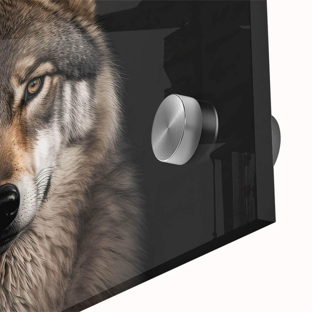 Close-up of an acrylic wall art design featuring a majestic wolf in a natural setting, showcasing intricate details and vibrant colors, ideal for wildlife enthusiasts.