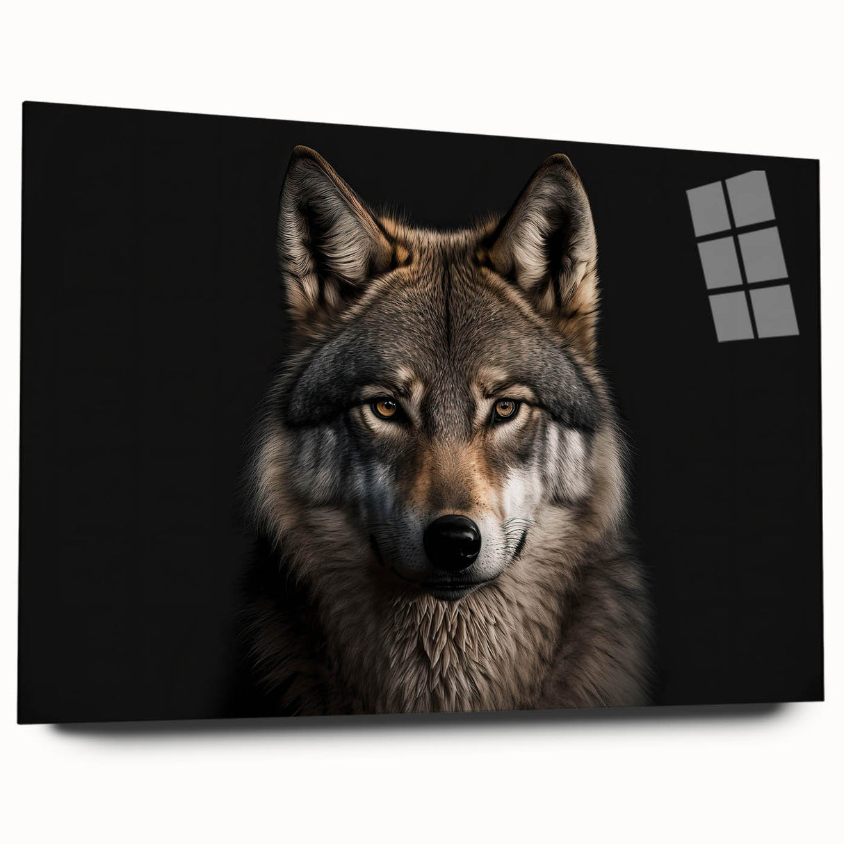 Elegant side view of an acrylic glass wall art piece featuring a striking wolf design, showcasing intricate details and vibrant colors, ideal for animal lovers.