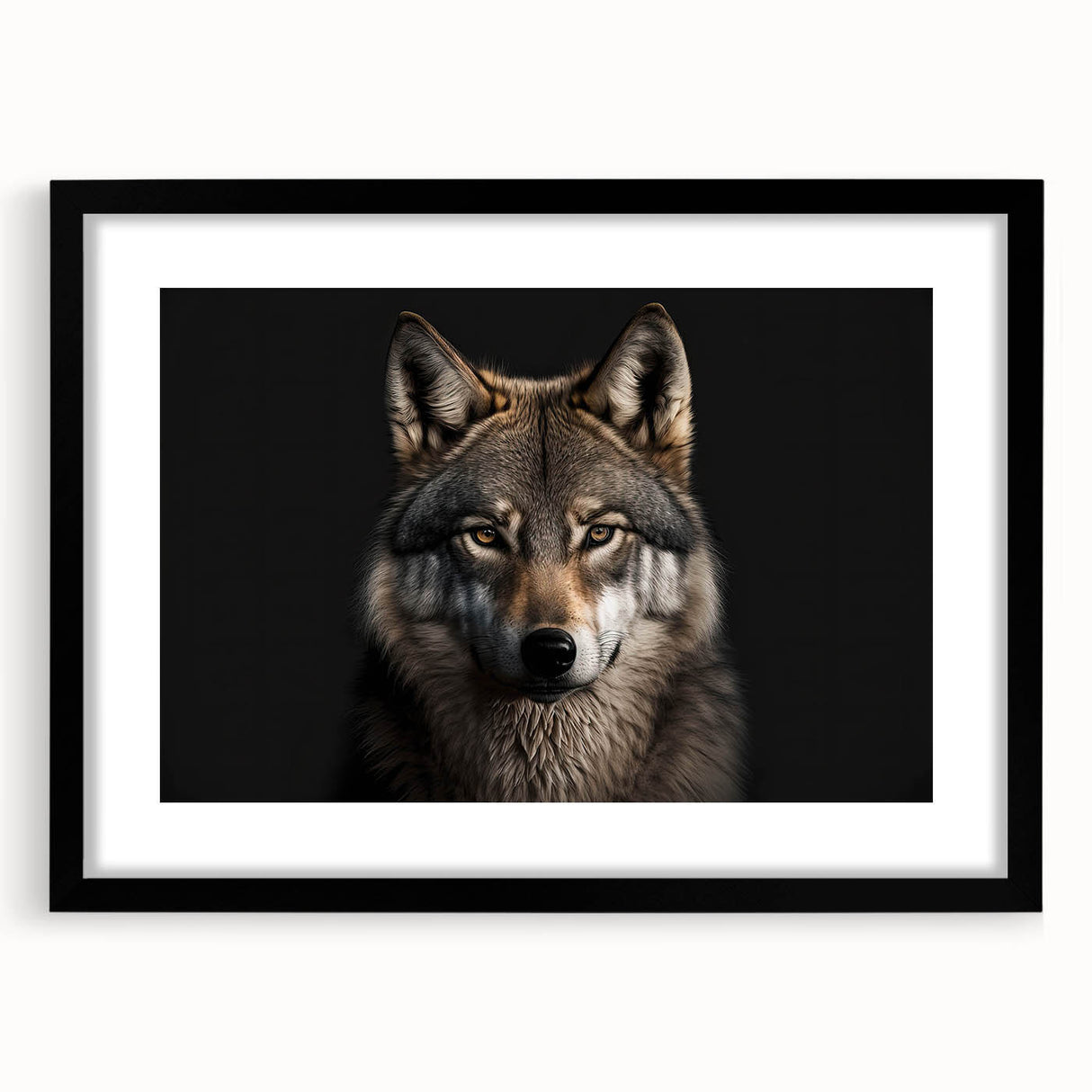 Framed wall art featuring a striking wolf design, showcasing intricate details and a black mat. Perfect for wildlife enthusiasts and home decor lovers.