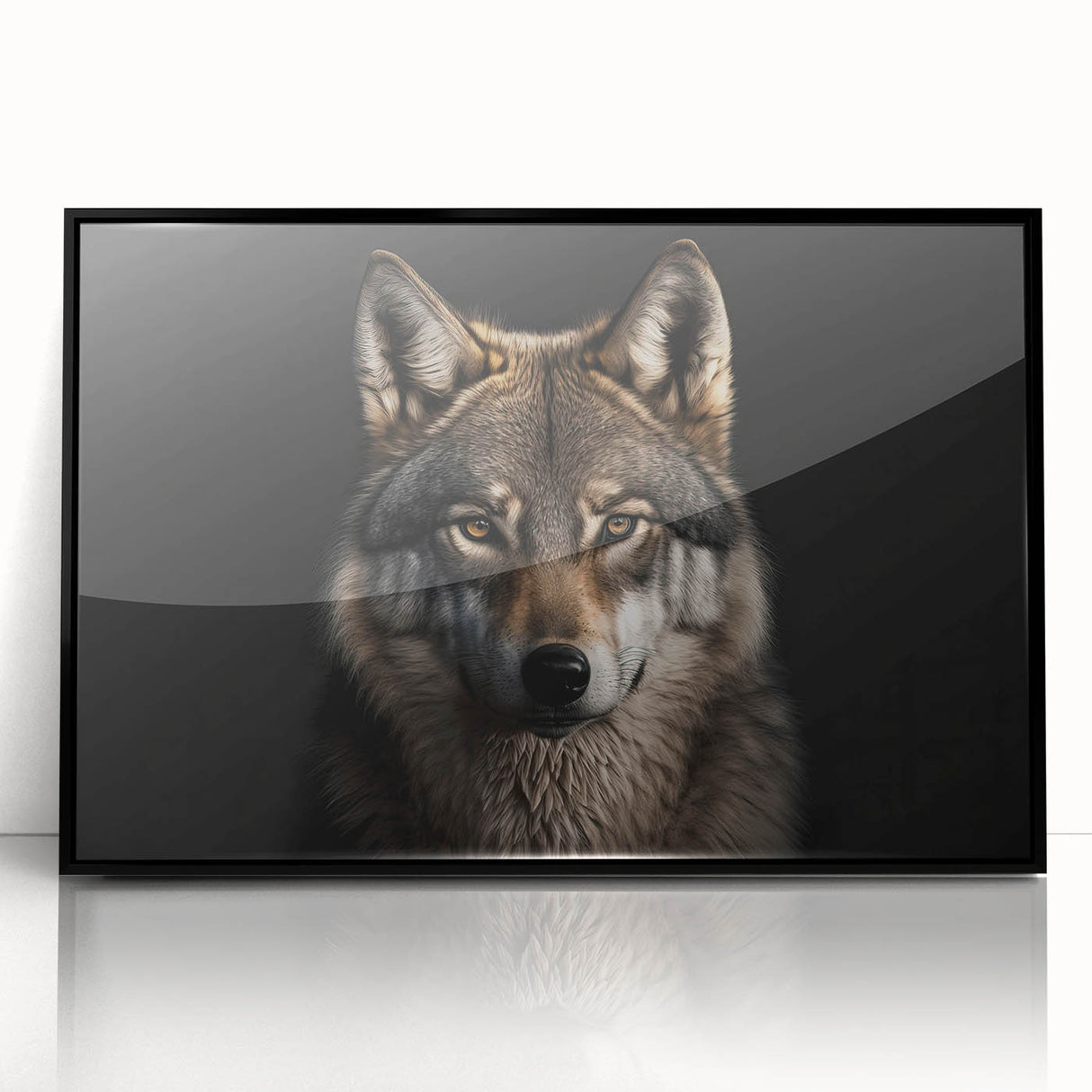 Framed wall art featuring a striking wolf design, printed on acrylic with a sleek black frame, perfect for animal lovers and modern decor enthusiasts.