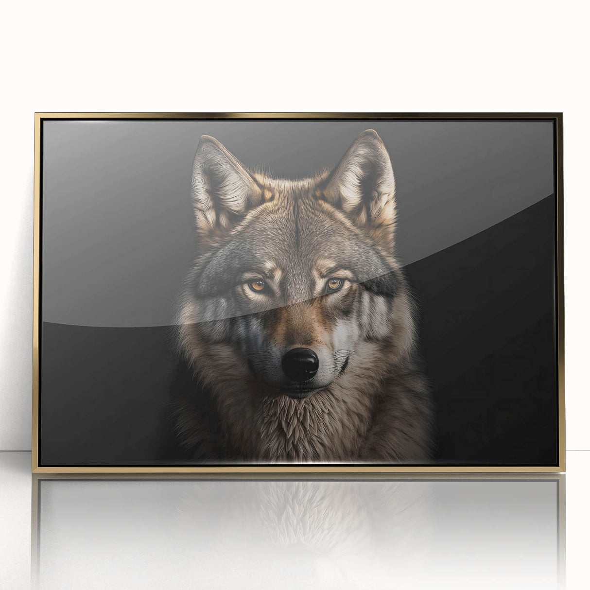 Framed acrylic wall art featuring a striking wolf design, showcasing intricate details and a gold frame, perfect for wildlife enthusiasts' home decor.