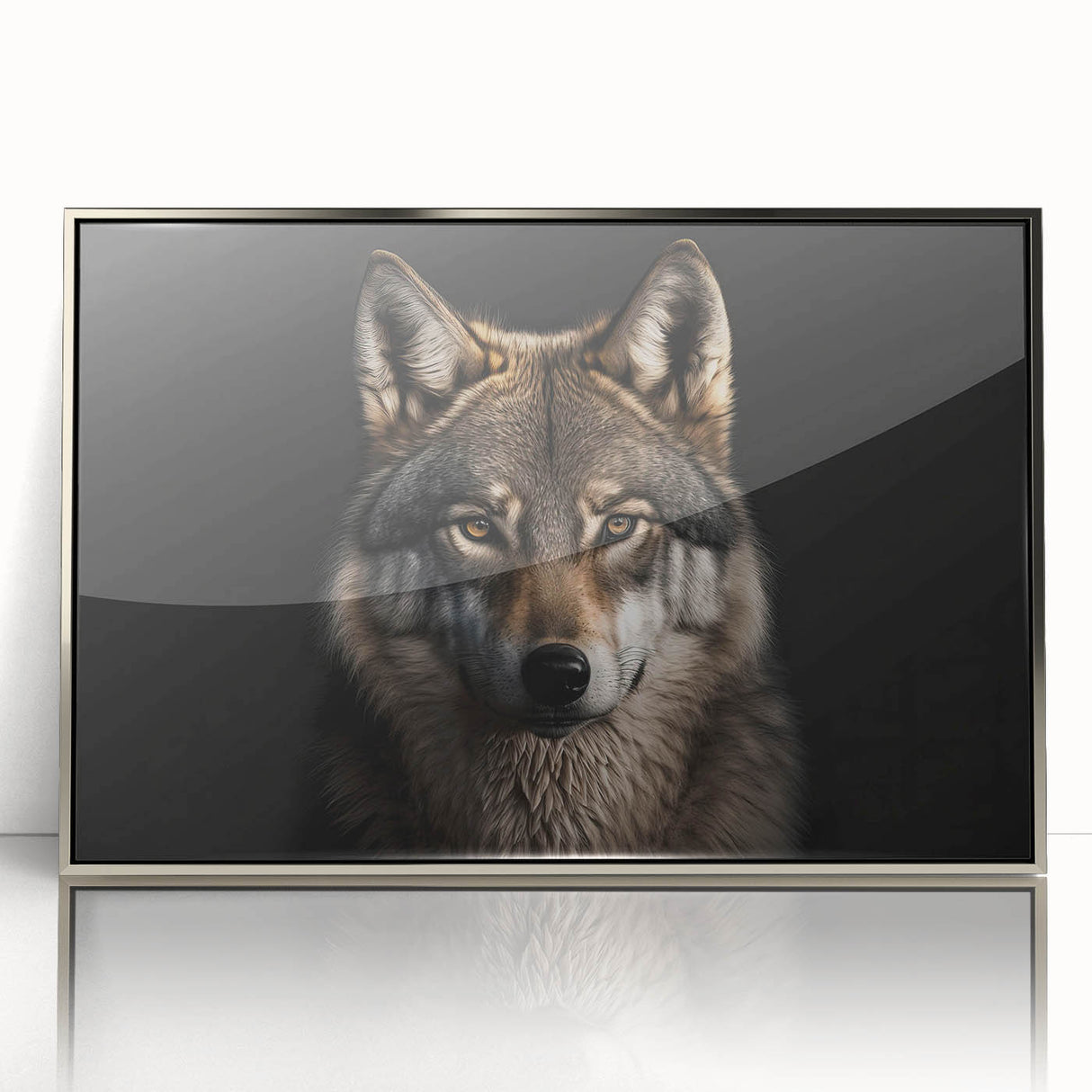 Framed wall art featuring a striking wolf design in a silver acrylic finish, showcasing vivid colors and intricate details, perfect for wildlife enthusiasts and home decor.