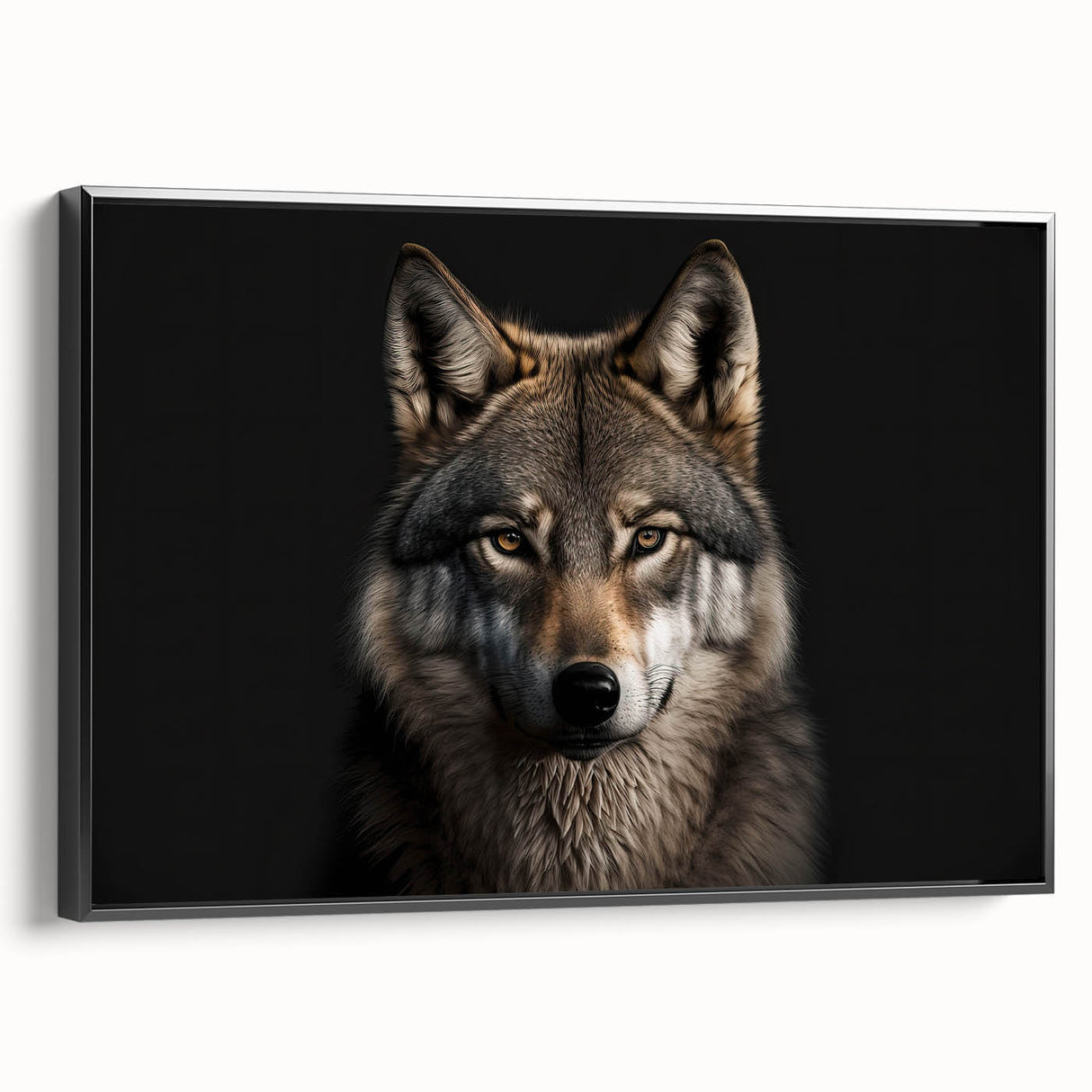 Framed canvas wall art showcasing a striking black and white wolf design, ideal for wildlife enthusiasts, displayed in a stylish black frame with a side view.