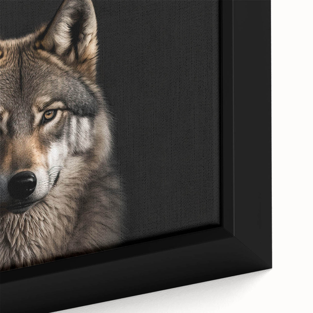 Close-up of a framed wolf design wall art piece showcasing intricate details and rich colors, perfect for wildlife enthusiasts and home decor. This canvas print captures the essence of nature, making it an ideal addition to any room.