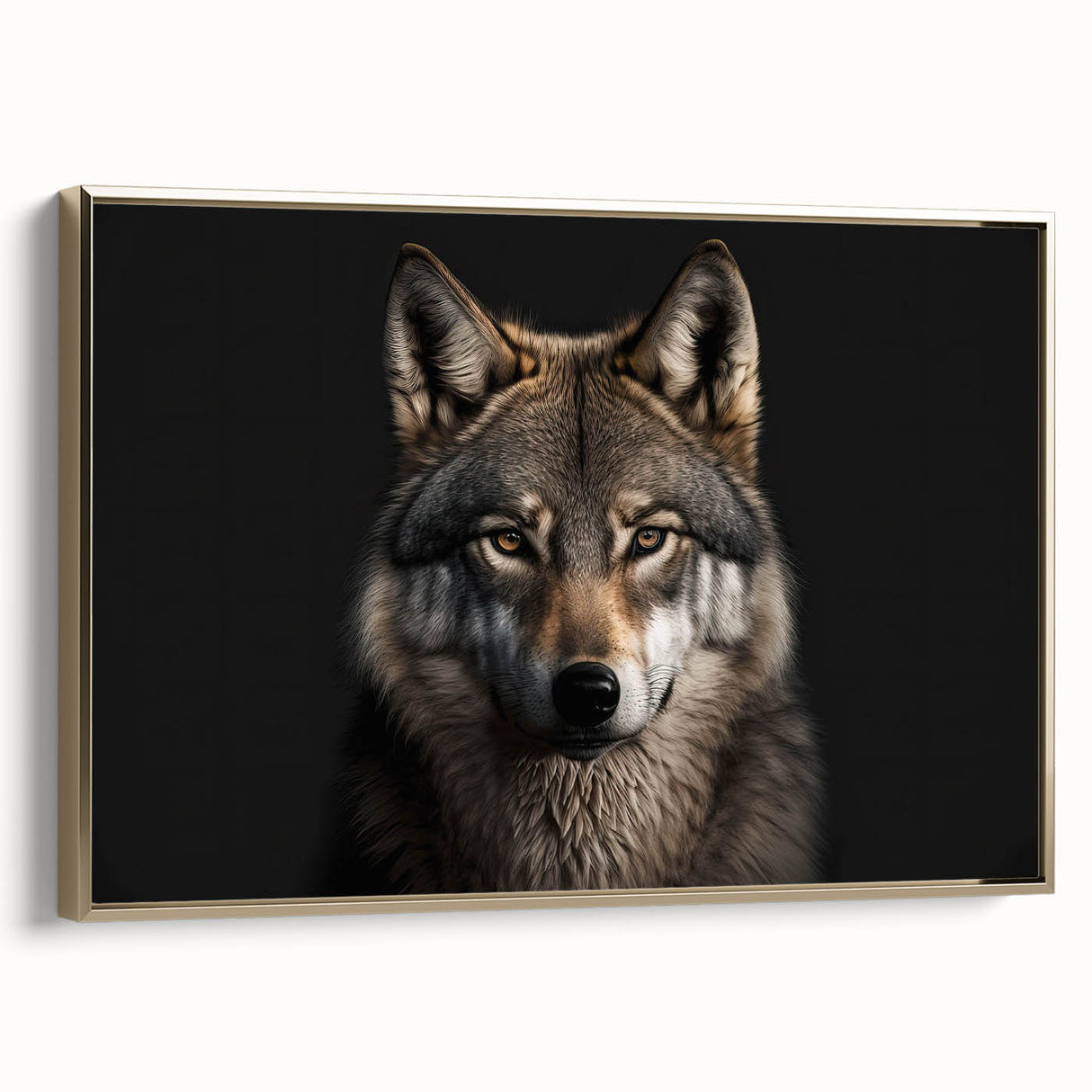 Framed wall art showcasing a majestic wolf design in a gold frame, capturing the essence of wildlife with intricate details, perfect for nature lovers' decor.