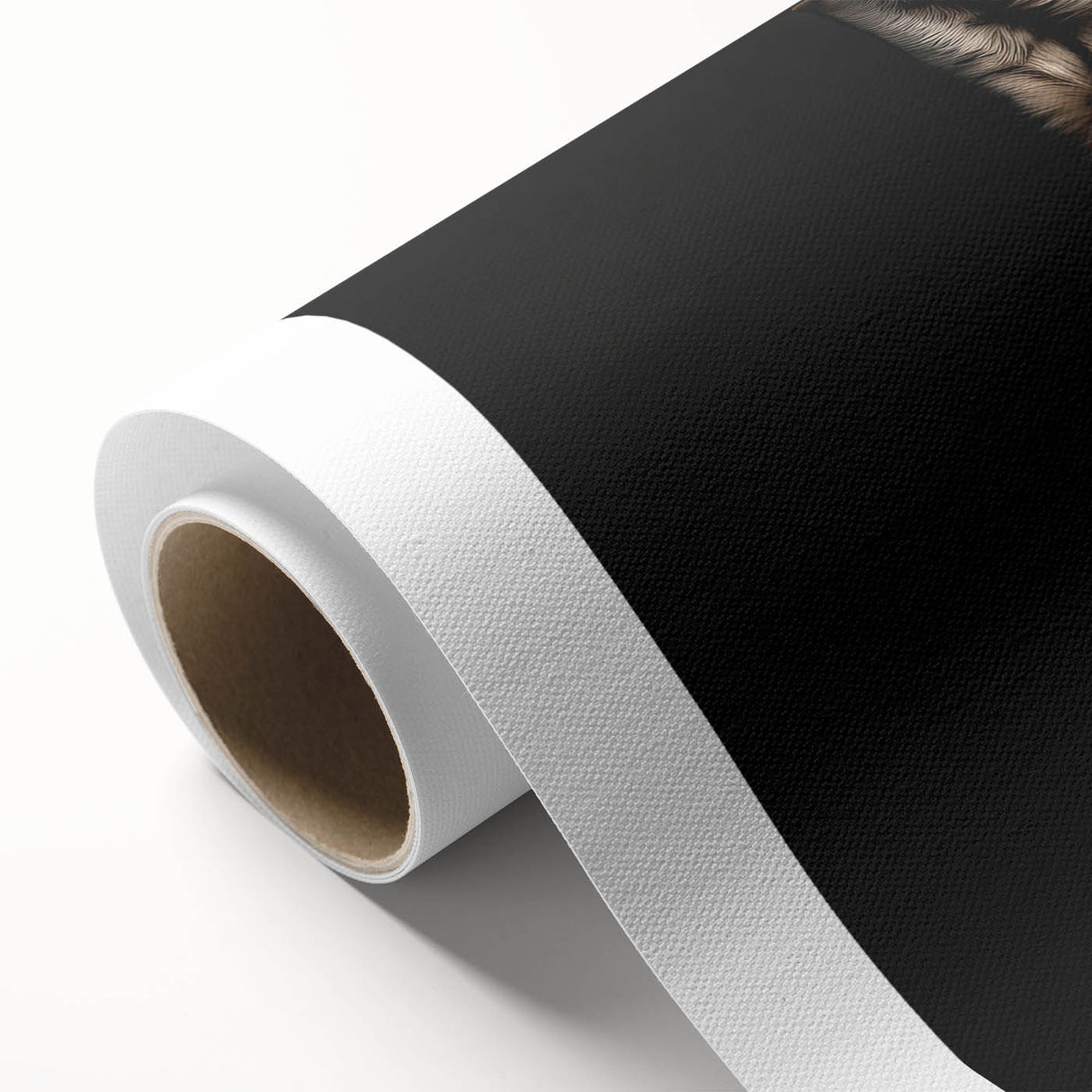 Wolf illustration on rolled canvas showcasing a striking black and white design, perfect for wildlife enthusiasts and modern decor, packaged securely for delivery.
