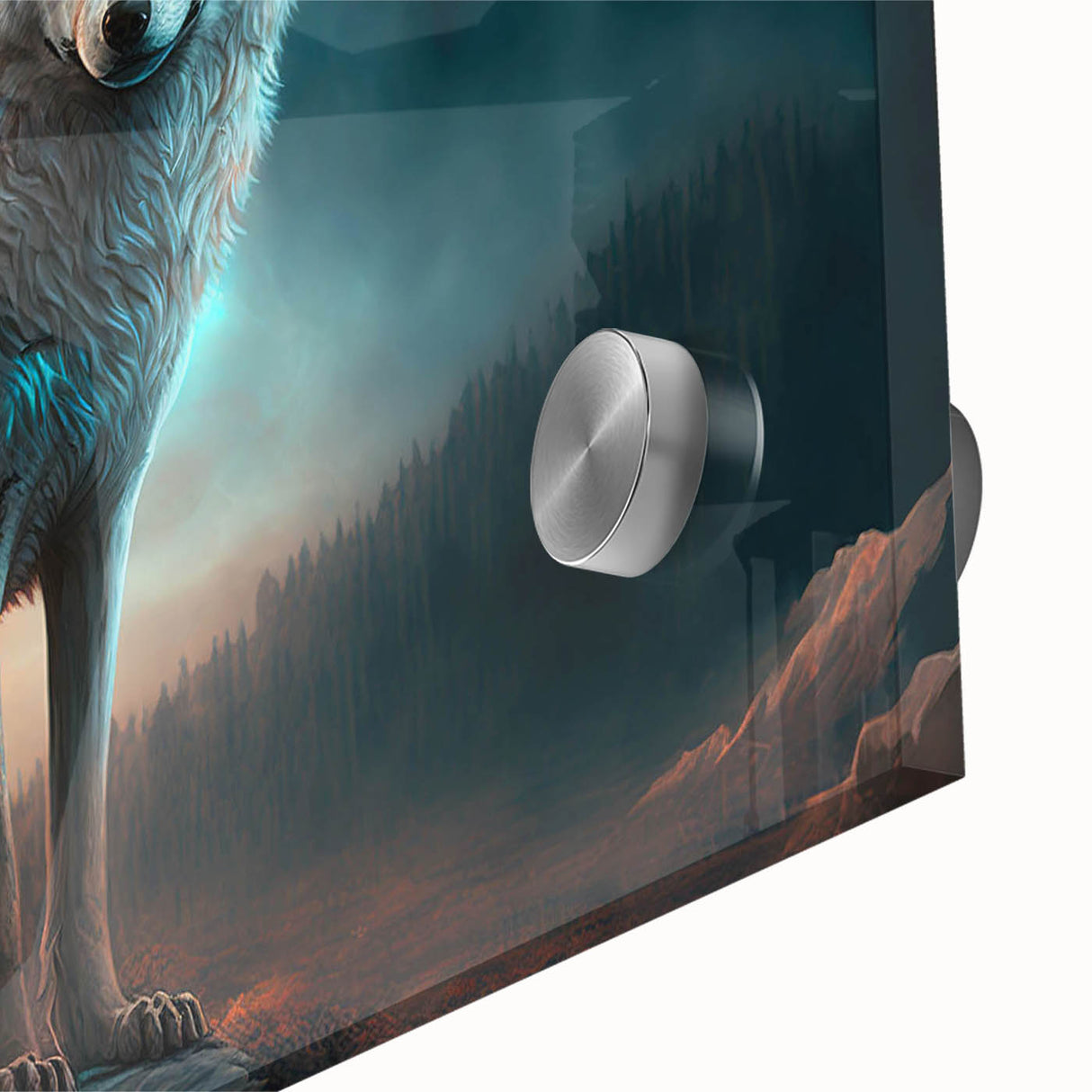 Close-up of a striking wolf wall art design, featuring intricate details on acrylic glass, showcasing the majestic animal in a natural setting, perfect for wildlife enthusiasts.