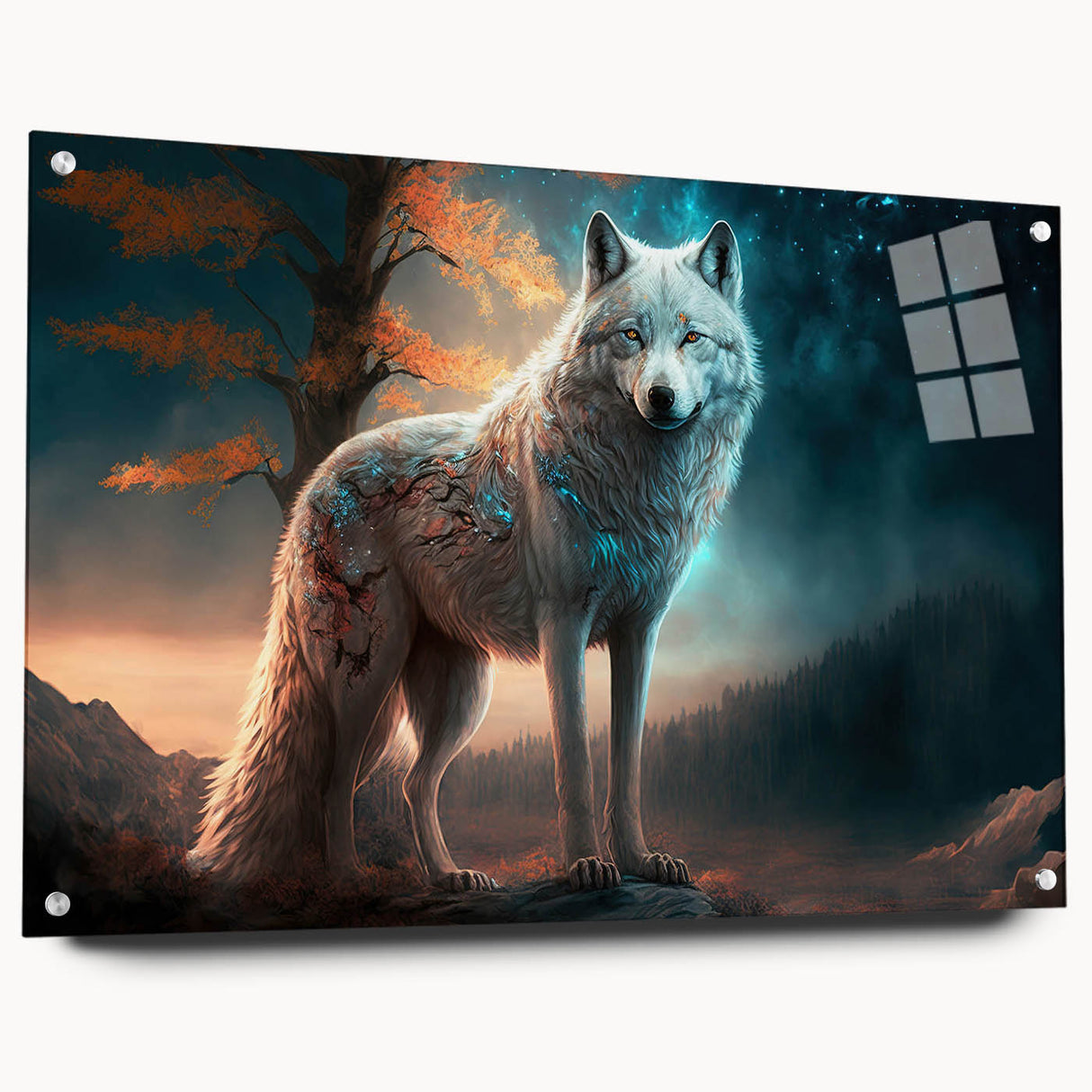 Vibrant acrylic wall art featuring a detailed wolf design, showcased from a side view with decorative pins, perfect for wildlife enthusiasts and modern decor.