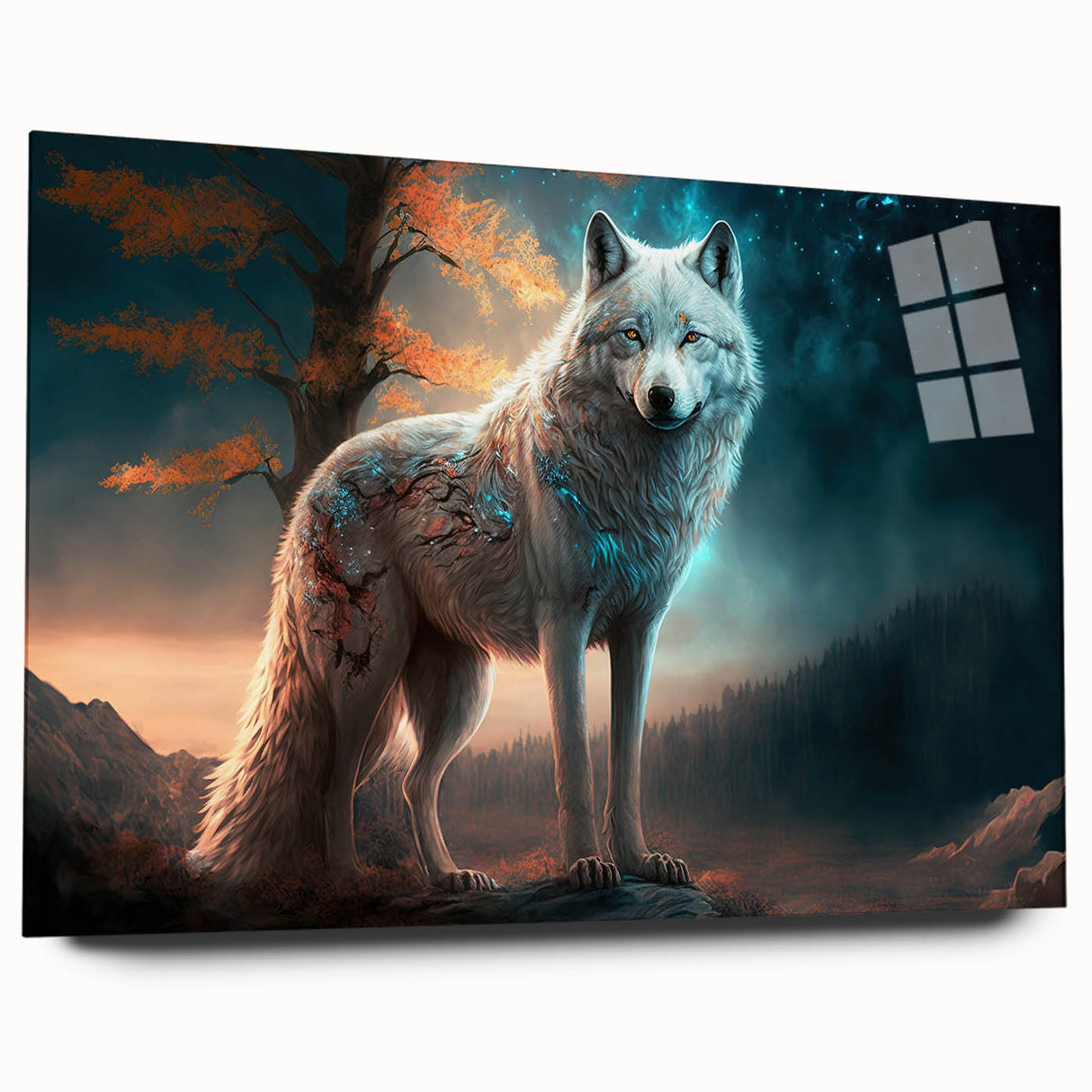 Side view of a sleek acrylic wall art piece featuring a stunning wolf design, showcasing intricate details and vibrant colors, ideal for nature lovers' decor.