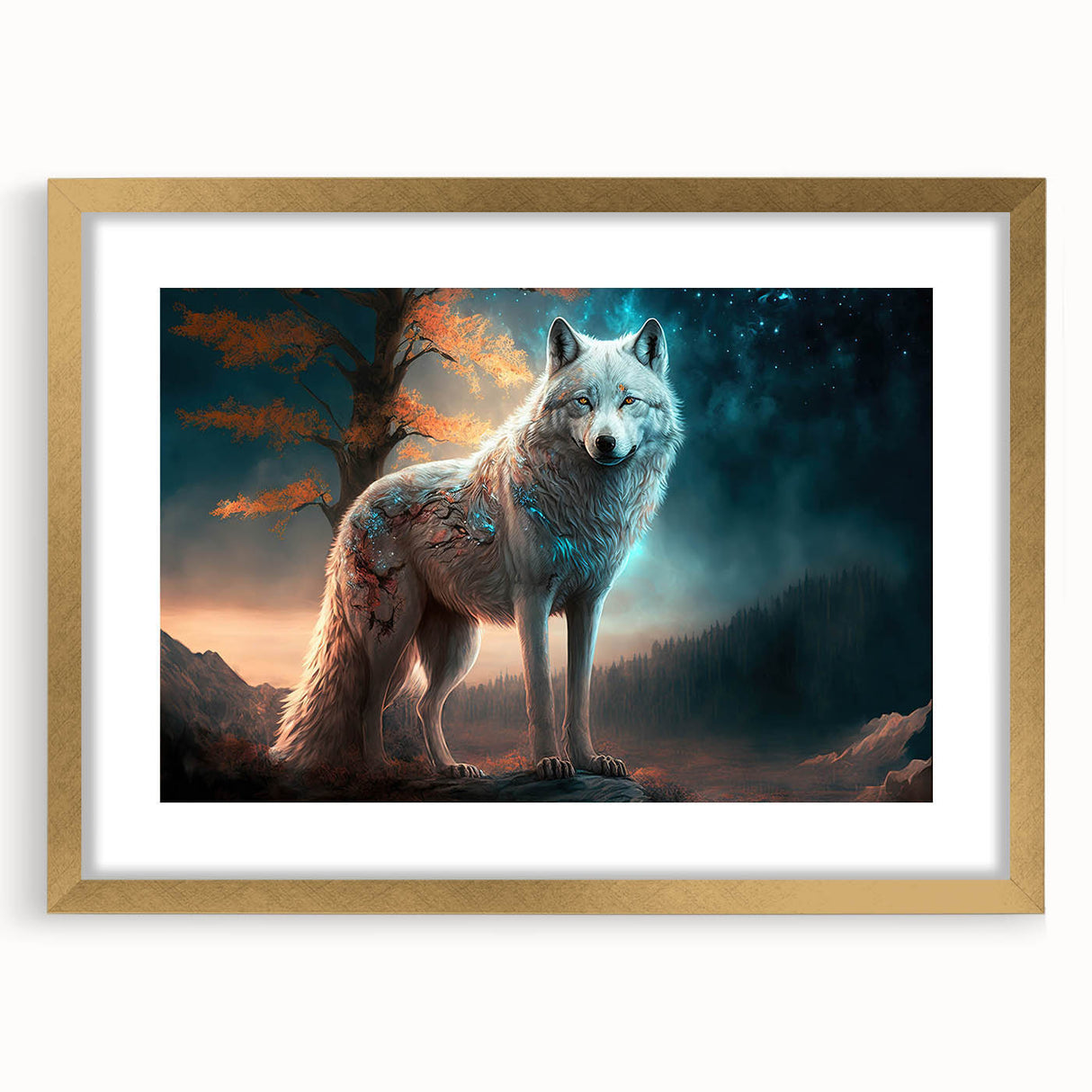 Elegant wolf-themed wall art framed in gold, showcasing a striking wildlife design with a mat. Perfect addition to modern home decor, highlighting nature's beauty.