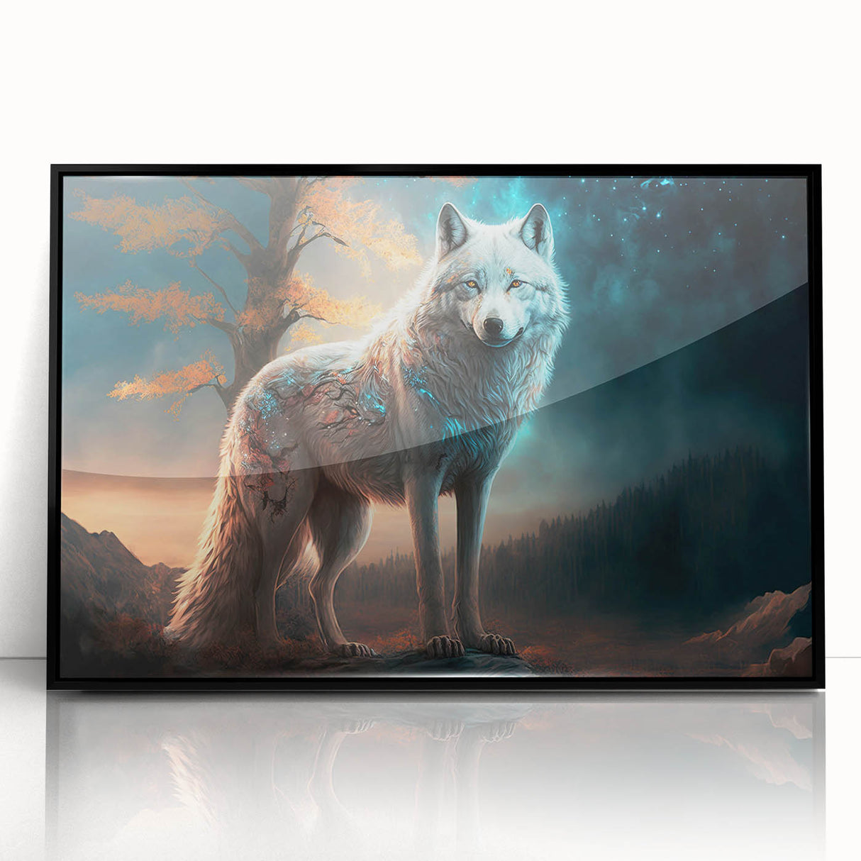 Framed acrylic wall art featuring a striking black and white wolf design, showcasing intricate details and bold contrasts, ideal for animal lovers and modern decor.