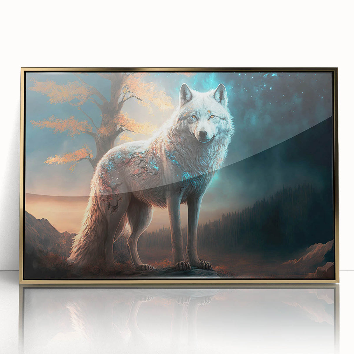 Framed acrylic wall art showcasing a striking wolf design in a gold frame, ideal for wildlife enthusiasts and home decor lovers. The artwork features intricate details and vivid colors, perfect for enhancing any living space.