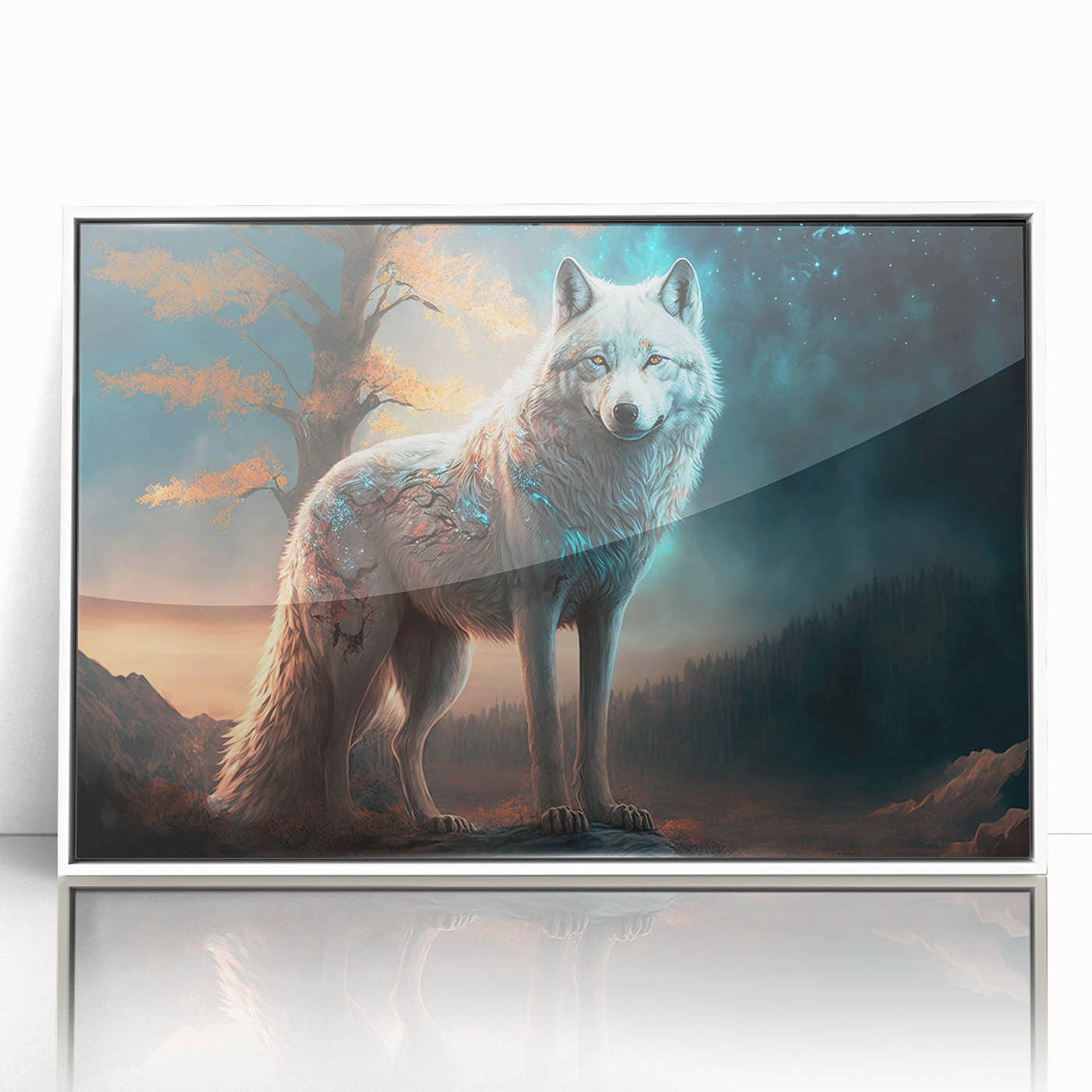 Framed acrylic wall art featuring a striking wolf design with a white border, perfect for wildlife enthusiasts and modern decor. Ideal for nature-themed interiors.